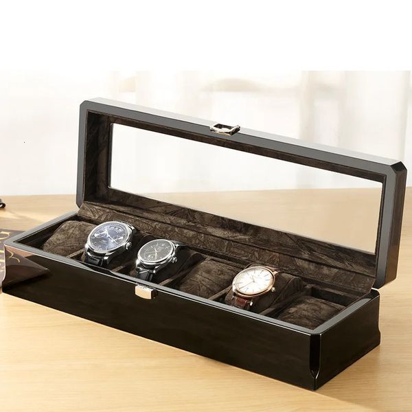 Caixa de relógio de madeira luxuosa, caixa de exibição de caixão de madeira pura, organizador de relógios, embalagem de armário de vidro preto, 6 assentos, caixa de armazenamento masculina 240116