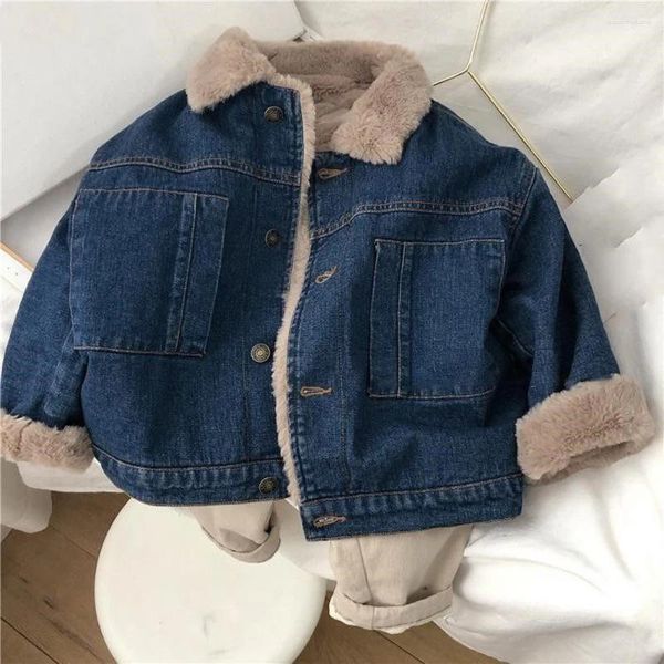 Daunenmantel Kinder Samt Jeansjacke 2024 Winter Baby Jungen Mädchen Verdickte Warme Oberbekleidung Mode Laple Einreiher