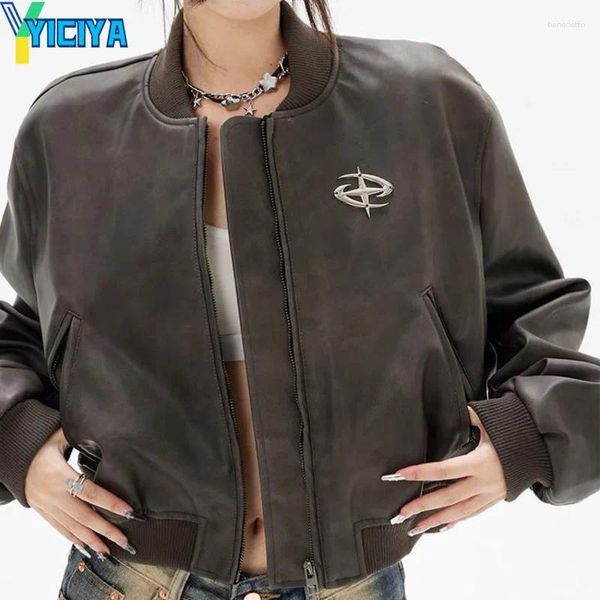 Jaquetas femininas Yiciya jaqueta de couro americana mulheres curto casaco de corrida bombardeiro coreano moda roupas de inverno vintage casacos 2024 tops