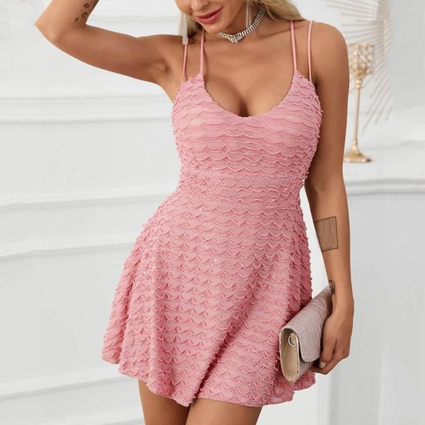 Casual Dresses Damen Frauen ärmelloser fester Rüschensaum Kreuzmuster rückenfreies Doppelträgerkleid Sexy Club Minirock Vestidos Cortos