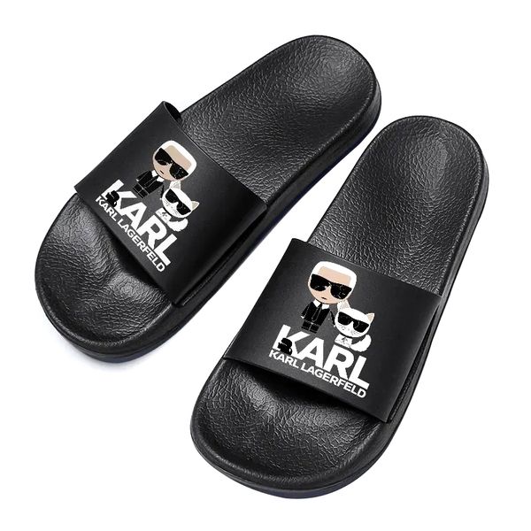 Siyah Kauçuk Slayt Terlik Loafers Karl Lagerfield Kadın Sandal Lüks 10A En Kaliteli Kaydırıcılar Düz Erkek Tasarımcısı Yaz Plaj Flip Flop Sandale Lady Hediye Boyutu 40-46