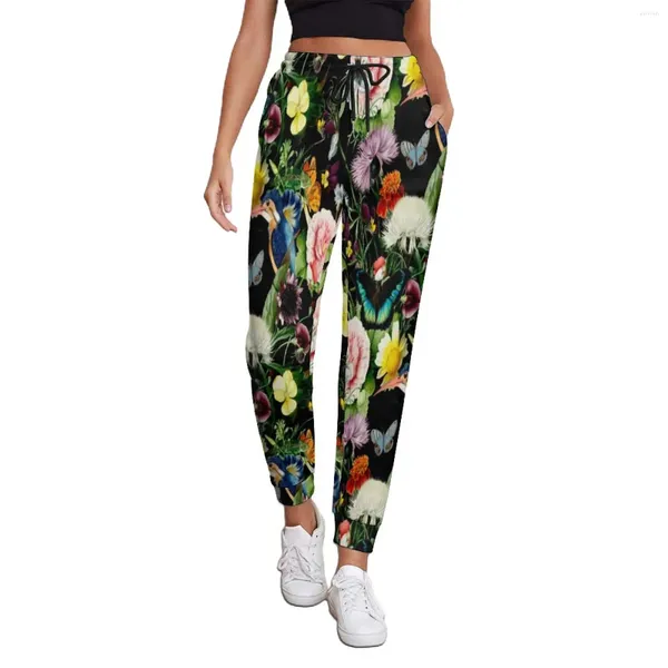 Pantaloni da donna Pantaloni sportivi con stampa floreale tropicale vintage Pantaloni larghi da donna con farfalla di uccelli Pantaloni sportivi con grafica primaverile di grandi dimensioni