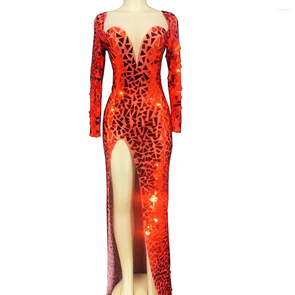 Сценическая одежда, красное зеркальное платье с блестками длиной до пола, платье-вилка с высоким разрезом, блестящий костюм с длинными рукавами для женщин, праздничная одежда, костюм для выступлений