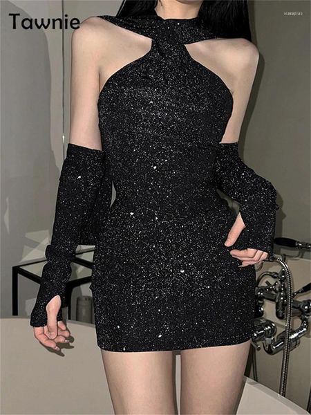 Vestidos casuais tawnie skinny fit mulheres mini vestido brilhante preto com capuz festa sexy y2k chique luvas góticas clube primavera verão