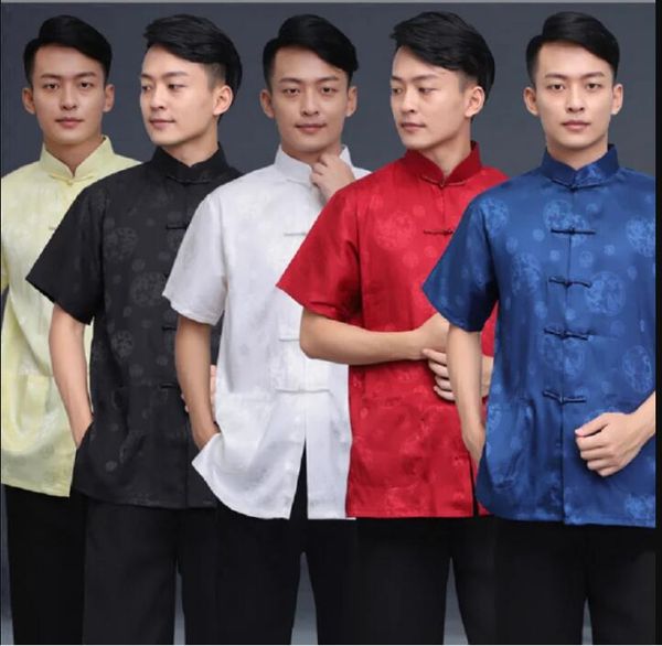 Atacado estilo chinês masculino de alta qualidade cetim camisa de manga curta bordado dragão tang roupas casuais kung fu topos camisas