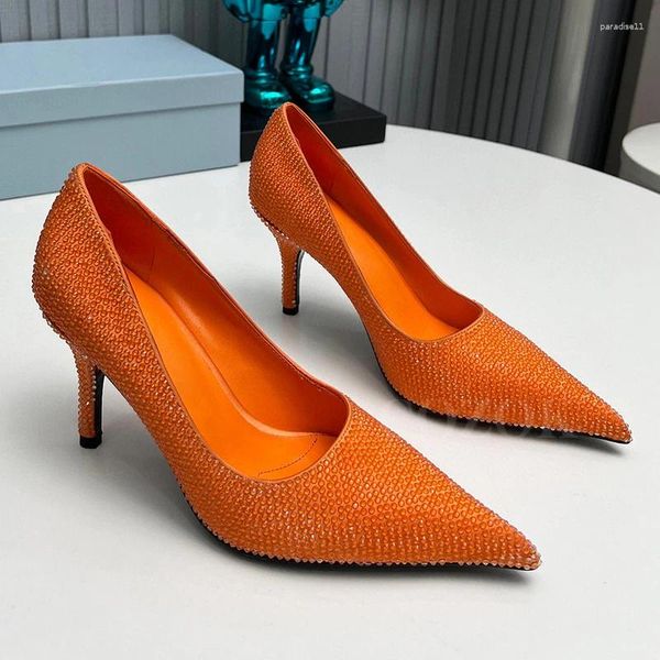 Scarpe eleganti Moda Donna Tacchi alti Estate Decorazione in cristallo Punta superiore a punta Décolleté da donna Bocca poco profonda Design Banchetto Singolo