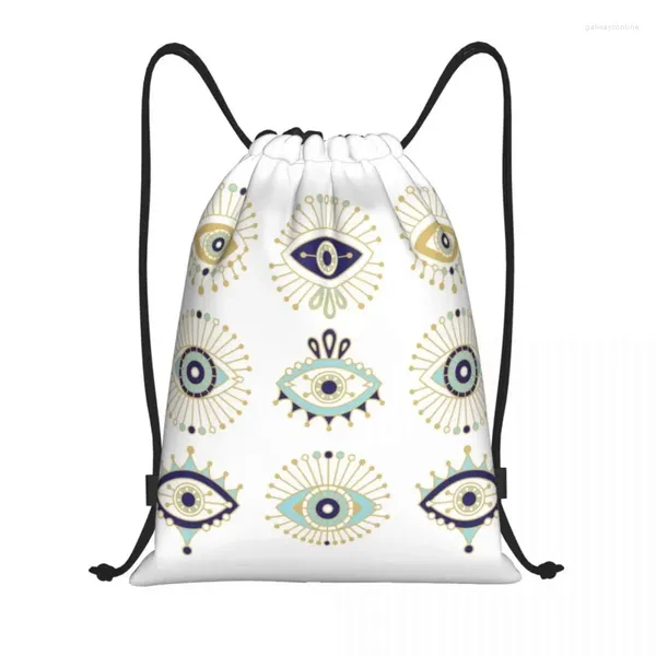 Einkaufstaschen, türkische Evil-Eye-Kollektion, auf weißem Kordelzug-Rucksack, Sport-Turnbeutel für Nazar Amulett, Hamsa, Boho-Bohemian-Sackpack