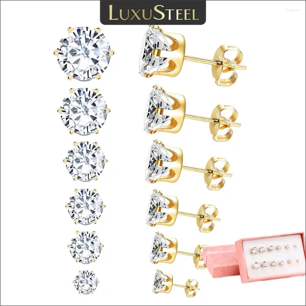 Stud Küpe Luxusteel 6 FAYLE/SET CZ Paslanmaz Çelik Yuvarlak Beyaz Kübik Zirkonya Hipoalerjenik 6 Küpe Modaya uygun takılar