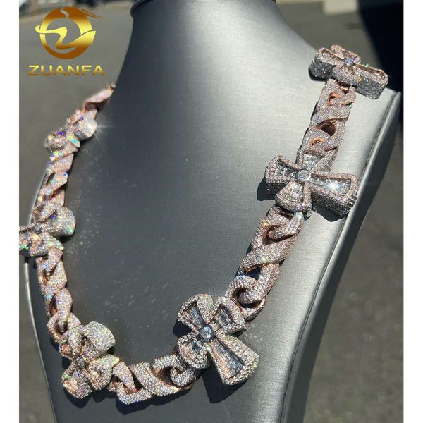 Atacado totalmente gelado hiphop baguette diamante sier link pulseira cruz infinito moissanite colar de corrente cubana