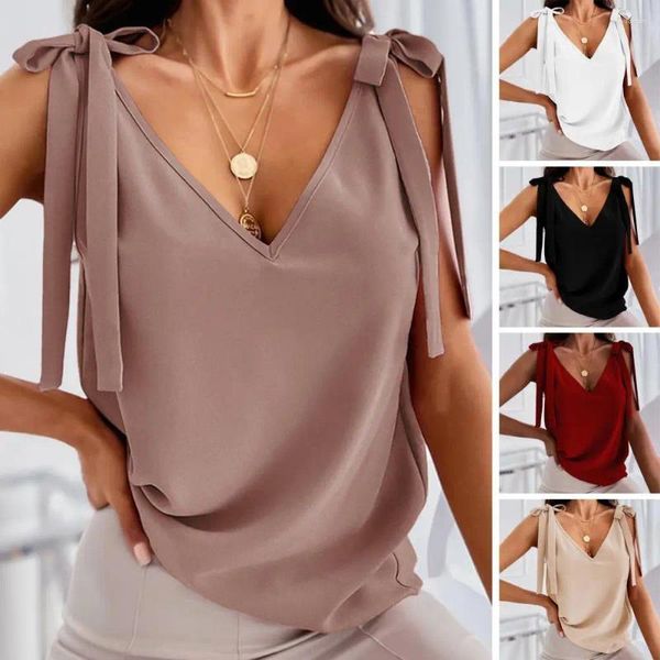 Camicette da donna Camicette larghe da donna estive Top con lacci Profondo scollo a V Scollo basso senza maniche Dress-up Casual Camicetta morbida Indumento