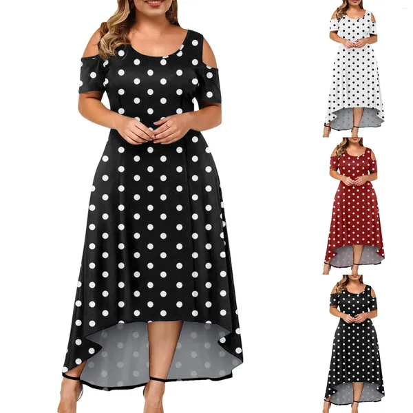 Vestidos casuais plus size 5xl vintage bolinhas impressão vestido longo mulheres verão fora do ombro solto boho praia senhoras festa irregular