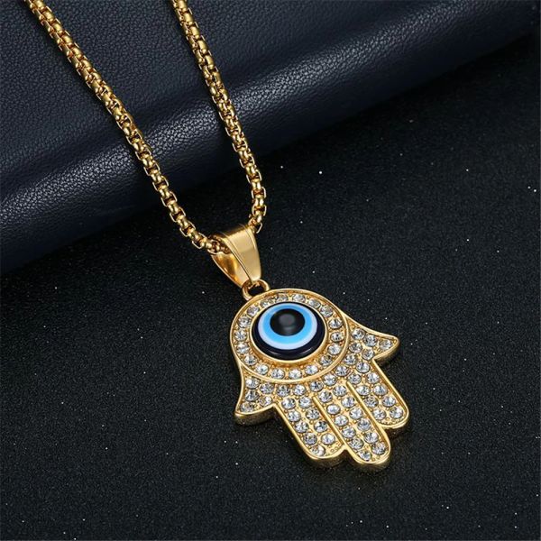 Hip hop iced out evil eye pingente cor dourada 14k ouro amarelo hasma mão de fátima colar para mulheres homens jóias de alta qualidade