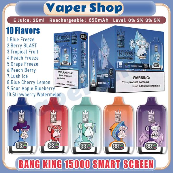 Розничная продажа Оригинал BANG KING 15000 Puff SMART SCREEN Одноразовая ручка Vape Pen 25 мл Pod Mesh Coil 650 мАч Аккумуляторное устройство Оптовая продажа Vape Puffs 15000 Электронная сигарета