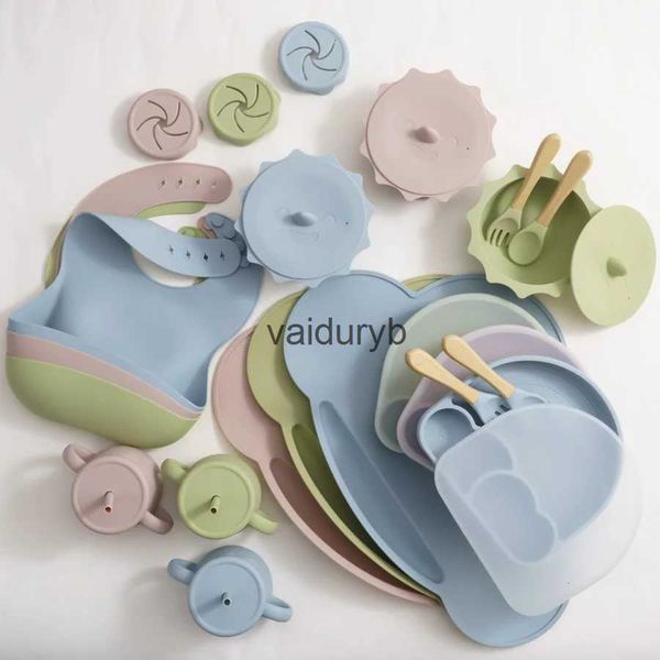 Tassen Geschirr Utensilien 7 Teile/satz Silikon Baby Fütterung Set Kawaii Teller Baby Geschirr Saugnapf Neugeborenen Wasserdicht Lätzchen Tischset Gabel Löffel Geschirrvaiduryb