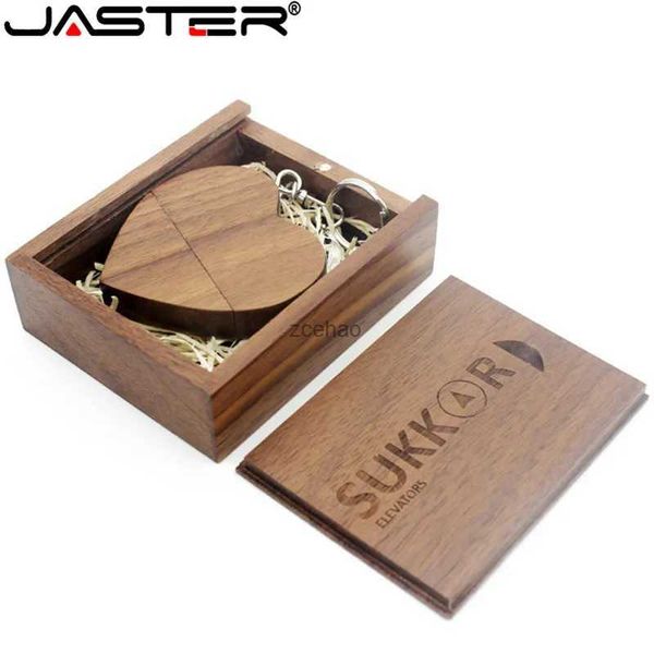 USB Flash Driving Jaster (10 PCS Ücretsiz) Ceviz Ahşap Kalp+Hediye Kutusu USB Flash Drive Creative Pendrive 8GB 16GB 32GB 64GB Hafıza Çubuğu