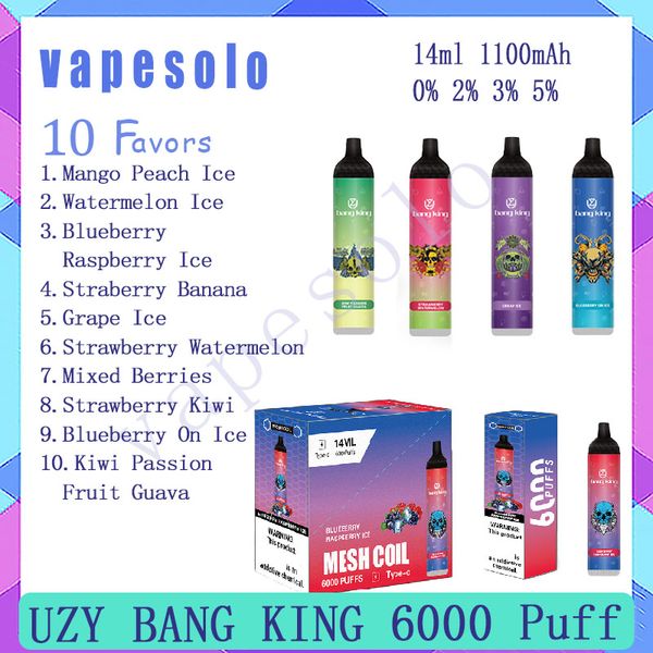 Vendita al dettaglio UZY BANG KING 6000 Puff Sigarette elettroniche usa e getta 6k 14 ml Penna Vape liquida preriempita 1100 mAh Batteria ricaricabile Vaporizzatore 10 gusti