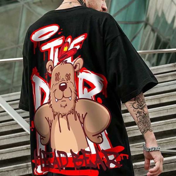 Marca china-chique hip hop violência urso manga curta camiseta masculina tamanho solto casal metade