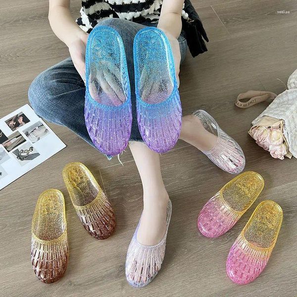 Летние тапочки с повязкой на голову с кристаллами, модная домашняя противоскользящая прозрачная обувь с плоской подошвой и охлаждающим эффектом