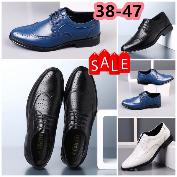 Designers sapatos sapatos casuais homens azul branco marrom sapatos de couro apontado dedo do pé banquetes terno saltos de negócios do homem eur 38-47 baixo preço