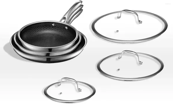 Наборы посуды HexClad Hybrid с антипригарным покрытием Набор сковород из 6 предметов 8 Сковороды диаметром 10 и 12 дюймов с крышками из закаленного стекла, сохраняющие прохладу ручкой