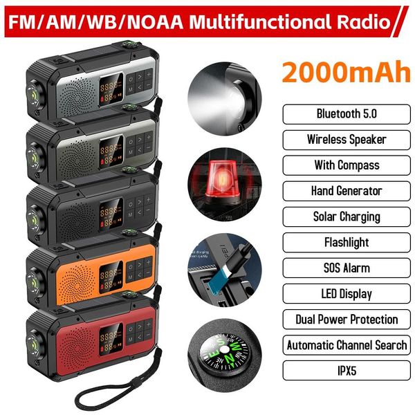Rádio am/fm/wb/noaa rádio solar de emergência rádio manivela com bússola bluetooth alto-falante portátil rádio led lanterna banco potência sos
