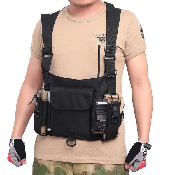 Chicote de rádio talkie pacote frontal walkie talkie bolsa coldre transportar saco da cintura tático ajustável equipamento peito sacos caça colete