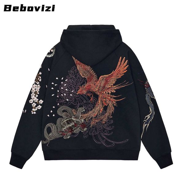 Felpe con cappuccio da uomo Felpe con cappuccio cinese di alta qualità Dragon Phoenix ricamo squisito felpa con cappuccio nera da uomo Harajuku streetwear felpa con zip stile giapponese