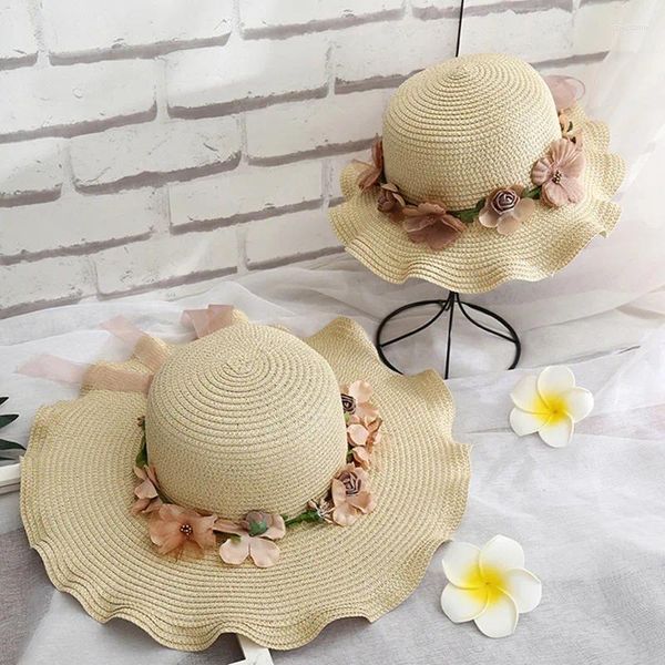 Cappelli larghi brim 2024 Summer Capt-Child Cap Whild Great Griglia Flower Girls Outdoor Beach Travel Tone Sun Shade Pagning Hat