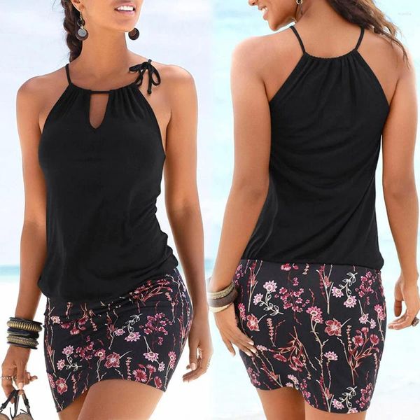 Casual Dresses Bohemian Floral Kurzes, figurbetontes Kleid Frauen Halfter ärmellos Slim Beach Mini Sommer Vintage Urlaub Boho Sommerkleid Vestidos