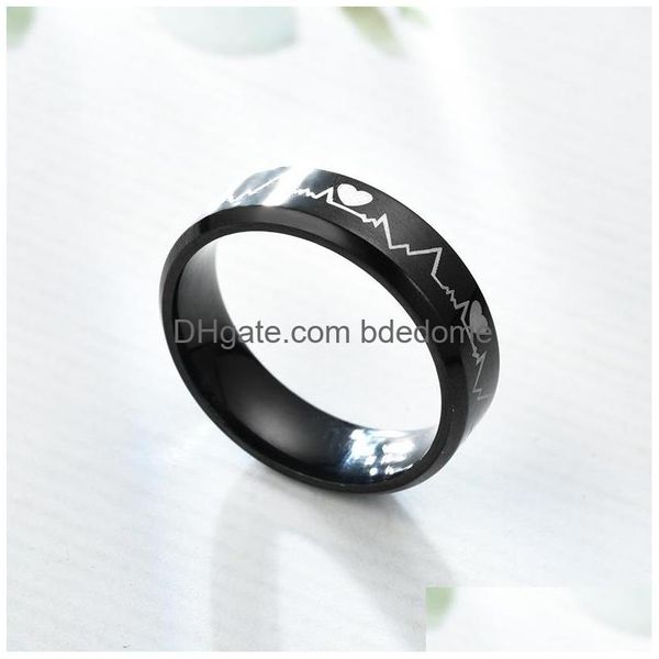 Персонализированные кольца из нержавеющей стали с полировкой, черный дизайн ЭКГ с сердцебиением для мужчин, свадебные подарки 5-12 113 M2 Drop D Dhw5N