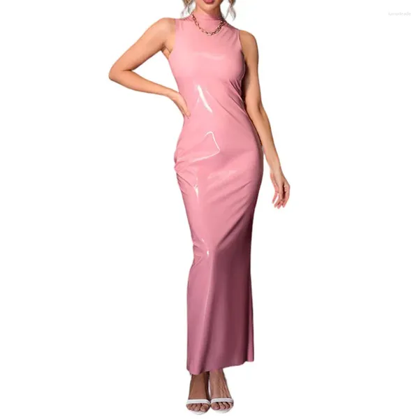 Casual Kleider Sexy Frauen Mantel Maxi Kleid Glänzendes PVC Hoher Kragen Ärmellos Hobble Bleistift Zurück Split Lange Streetwear Slim Fit 7XL