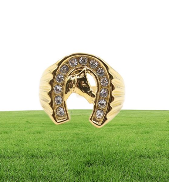 Design accattivante, cristallo dorato, anello per scarpe fortunate, gioielli da corsa in acciaio inossidabile, anello per testa in oro, fascia per dito9159688