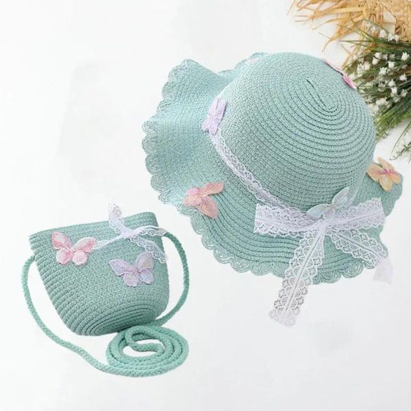 Chapéus Crianças Palha Chapéu de Sol Lace Meninas Saco Conjunto Princesa Estilo Decorativo Chic Curled Edge Beach