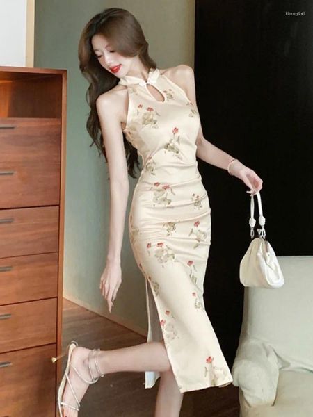 Pedras preciosas soltas estilo chinês sexy cheongsam jovem feminino temperamental design high-end oco-out cinched emagrecimento vestido impresso qipao