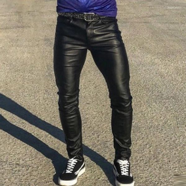 Мужские брюки, модные мужские облегающие кожаные однотонные узкие эластичные брюки со средней талией, весна-осень 2024, винтажная уличная одежда