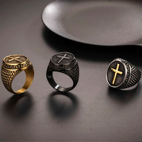 Bandringe 14K Weißgold Wolfring Ring Herren Band Christian Holy Cross Lords Ring katholische religiöse Bibelvers Schmuck Schmuck