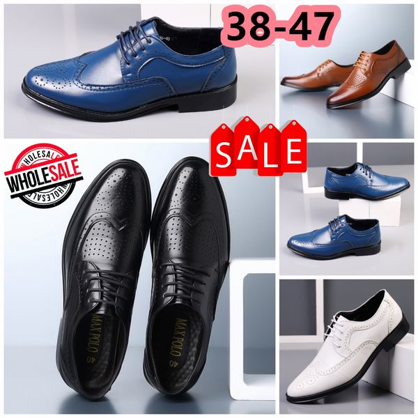 Designers sapatos sapatos casuais mans azul branco marrom sapatos de couro apontou toe banquete terno homem negócios calcanhar eur 38-47