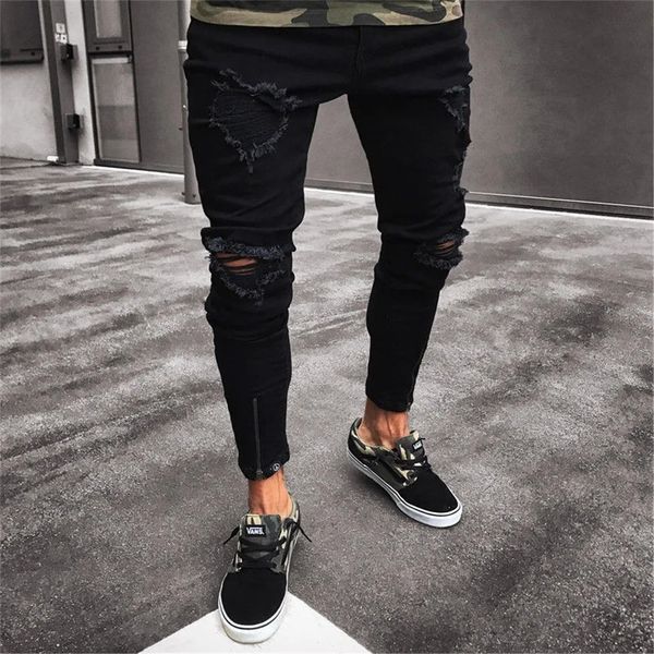 Tallas grandes S / 3XL Mens Cool Designer Brand Black Jeans Skinny Ripped Destroyed Stretch Slim Fit Hip Hop Pantalones con agujeros para hombres 240116