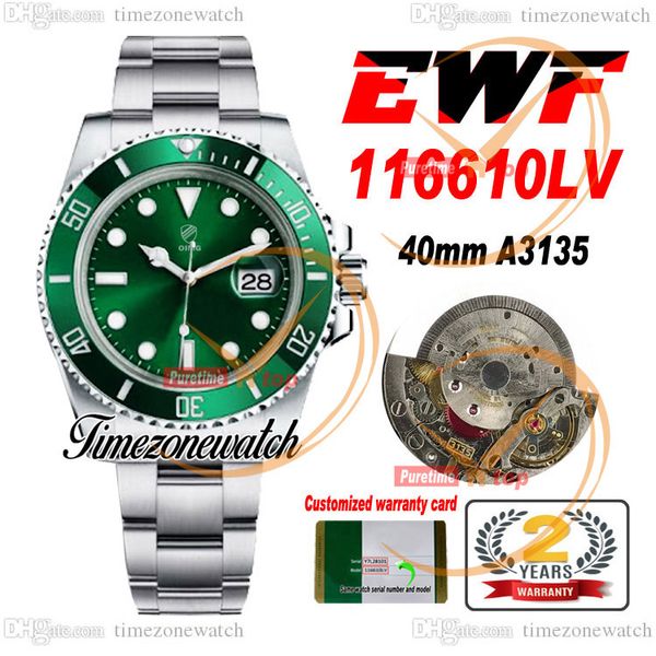 EWF V2 40 мм A3135 Cal 3135 Автоматические мужские часы 116610 Керамический безель Зеленый циферблат Дата Стальной корпус 904L Браслет Super Edition Карта той же серии Timezonewatch A2