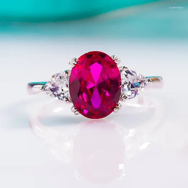 Anéis de cluster Qinhuan Oval Lab Ruby Gemstone Anel Alto Carbono Diamante S925 Prata Pt950 Platinum Banhado Para Mulheres Fine Jewelry Party