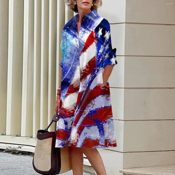 Lässige Kleider Frauen 2024 Plus Size Flagge gedrucktes flatternndes Hemd Elegant Bohemian Style Mini Robe Frauen