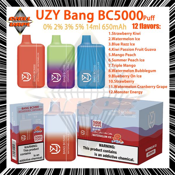 Orijinal Uzy Bang BC 5000 Puf Teslim Edilebilir Vape Kalem 12 Lezzetler E Sigara Type-C Tip 650mAh şarj edilebilir pil 14 ml 0% 2% 3% 5% Kart buharlaştırıcı cihazı