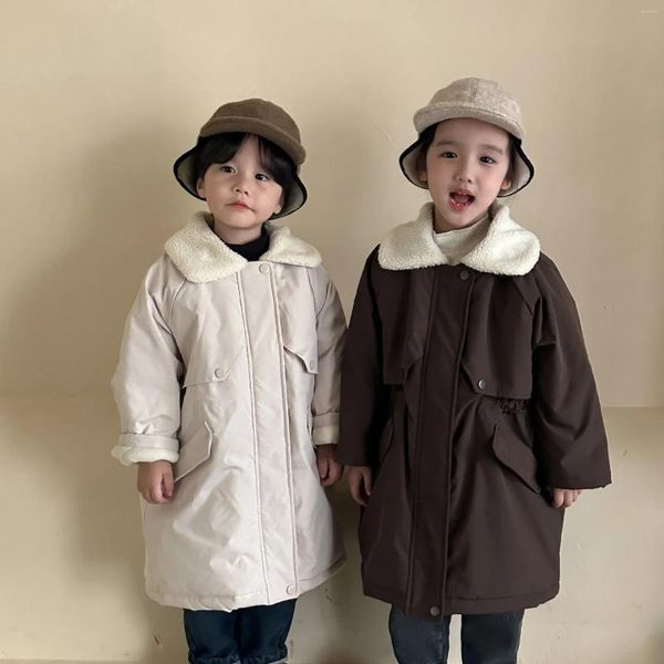 Para baixo casaco crianças longo cashmere engrossado trench 2024 estilo coreano quente para meninos e meninas roupas da moda do bebê crianças