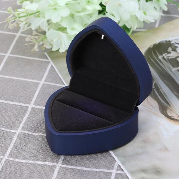 Bolsas de jóias Caixa de anel em forma de coração com luz LED Organizador de caso de noivado para proposta de casamento azul