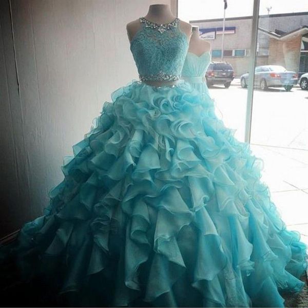 Turquesa duas peças quinceanera vestidos 2019 modestos contas cristais masquerade vestido de baile vestido de baile doce 16 meninas vestidos de 15 249z