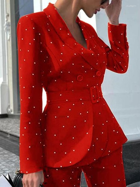 Calças femininas de duas peças mulheres outono polka dot blazer calças de negócios terno escritório magro elegante casual jaquetas formais peças femme moda