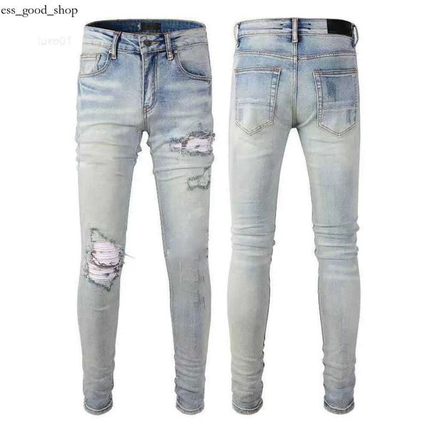 Designer Stack Jeans Europeo Viola Jean Uomo Ricamo Quilting Strappato per la tendenza Marchio Vintage Pant Mens Fold Slim Skinny Fashion Jeansamk8 213