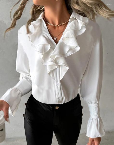 Camicette da donna OUSLEE Camicia elegante con volant Moda manica a petalo scollo a V Lungo bianco Primavera Autunno Camicetta da donna da ufficio Top