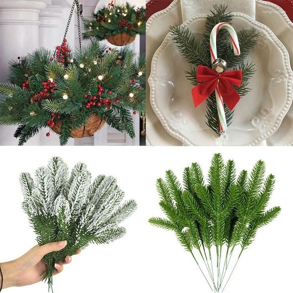 Flores decorativas 6 pçs natal neve ramos de pinheiro plantas artificiais agulhas árvore de natal grinalda ornamentos casa ano decoração suprimentos