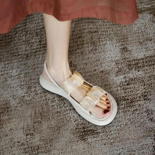 Sandálias Calçado Cunha com Plataforma Senhoras Sapatos À Prova D 'Água Salto Médio Verão 2024 Bege para Mulheres Estilo Romano Lace Tendência H F